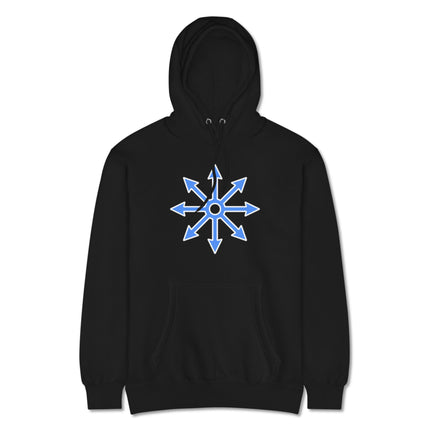 Eight-arrow chaos star graphic printed on a black unisex fleece pullover hoodie design.