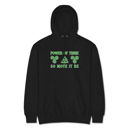 Pagan triskelion triquetra symbol hoodie featuring "Power of Three" witchy pullover design.