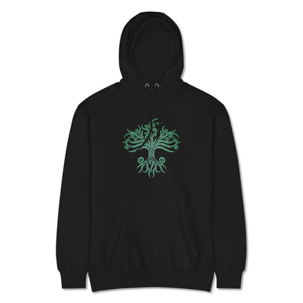 Unisex hoodie featuring a vibrant green Celtic Tree of Life world tree graphic print.