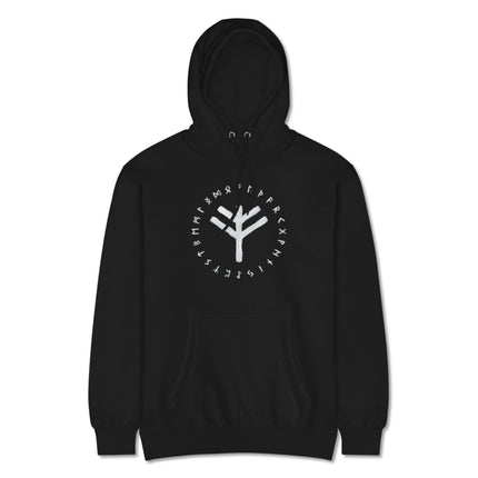 Norse Fehu rune design hoodie featuring Elder Futhark symbols for wealth and protection.