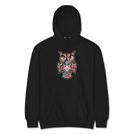 Northwest Coast owl formline art graphic pullover hoodie fleece with Indigenous style print.