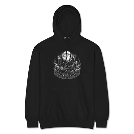 Graphic hoodie featuring howling wolves under a full moon design for canine spirit lovers.