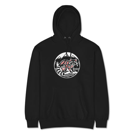 Indigenous art raccoon hoodie featuring PNW mountains, forest wildlife, and tribal design print.