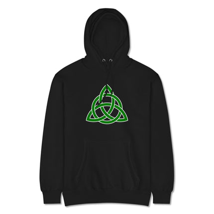 Green unisex hoodie featuring a Celtic Triquetra knot symbol graphic print.
