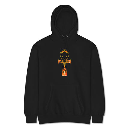 Ancient Egyptian flaming Ankh symbol graphic printed on a unisex pullover hoodie.