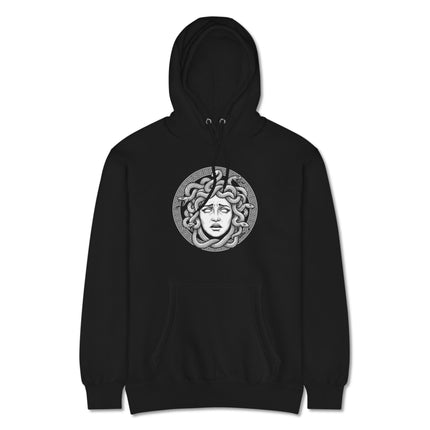 Medusa head gorgon design on a Greek key patterned pullover hoodie.