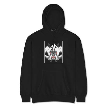 Wendigo skull antlers graphic hoodie featuring cryptid tribal forest art print.