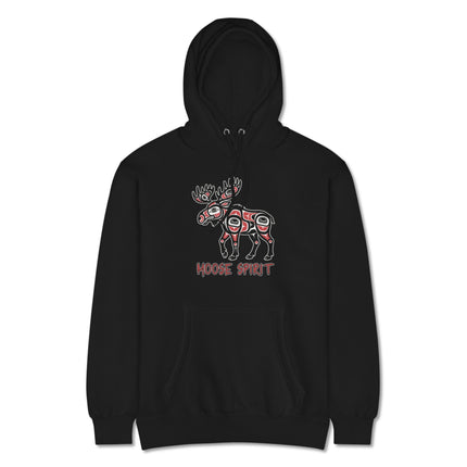 Moose Spirit Indigenous Art Hoodie featuring a stylized Pacific Northwest moose graphic print pullover.