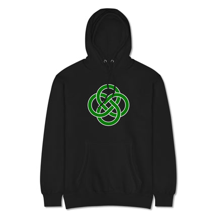Green unisex hoodie featuring a detailed Celtic infinity knot pattern on a pullover fleece sweatshirt.