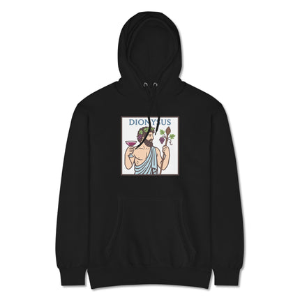Dionysus god of wine hoodie featuring grape vines and Greek mythology design print.