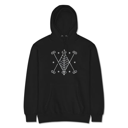 Black pullover hoodie with celestial voodoo graphic design print.