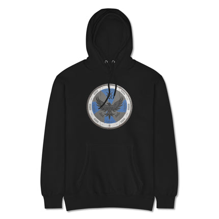 Norse warrior hoodie featuring pagan raven and shield artwork.