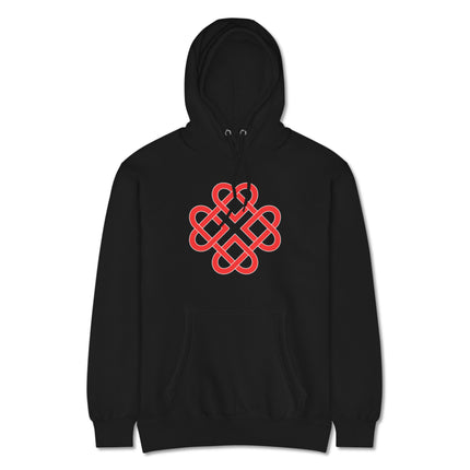 Red celtic knot heart graphic on unisex red pullover fleece hoodie.