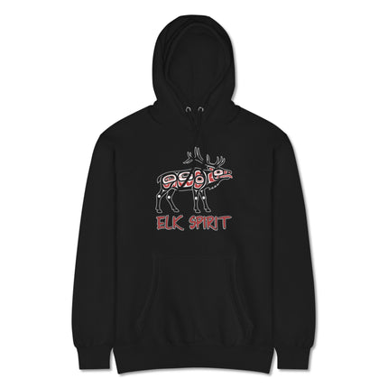 Native American tribal elk spirit artwork printed on a comfortable pullover hoodie.