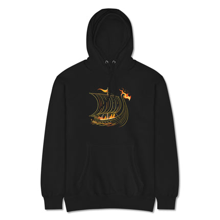 Burning Viking longship graphic hoodie featuring a Norse funeral ship design.