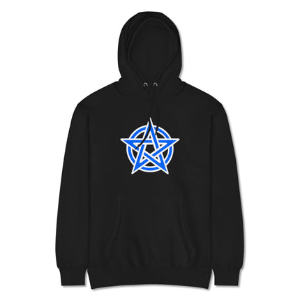 Blue pentagram graphic hoodie featuring a sacred geometry design for pagan witchcraft wear.