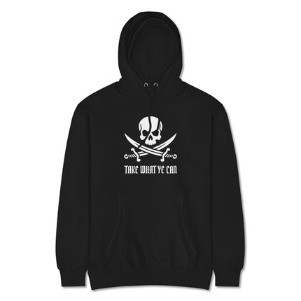 Jolly Roger skull and crossed sabers hoodie featuring the "Take What Ye Can" pirate quote.