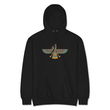Zoroastrian Faravahar symbol on a black hoodie featuring winged Ahura Mazda, ancient Persian pullover design.