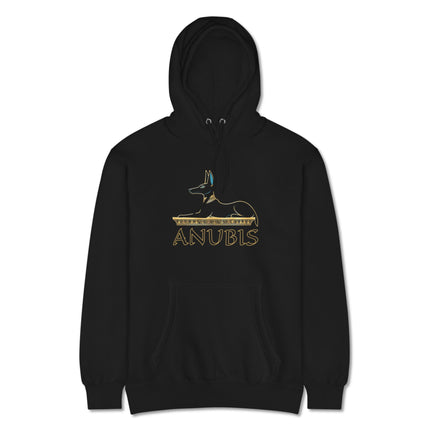 Unisex Anubis jackal god hoodie featuring ancient Egyptian mythology design print.