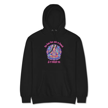 Vibrant Ganesha god print hoodie featuring Om Gam Ganapataye Namah mantra for Hindu festival wear.