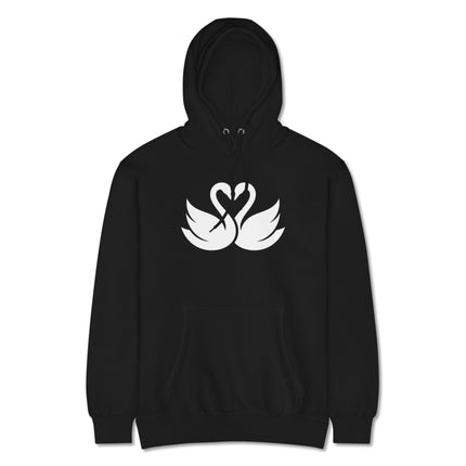 Swans love heart graphic pullover hoodie featuring elegant white swans couple design.
