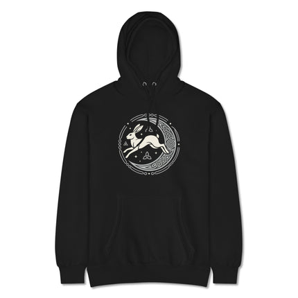 Celtic Hare Moon hoodie with pagan geometric mandala design featuring celestial symbols.