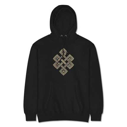 Endless Knot Tibetan Buddhist symbol graphic printed on a unisex fleece pullover hoodie.