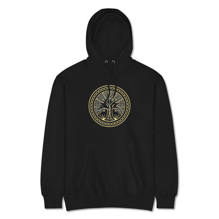 Norse Yggdrasil World Tree of Life graphic on a unisex Viking pullover hoodie.