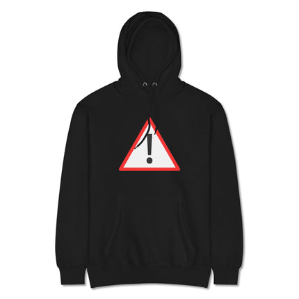 Red exclamation mark warning sign graphic on a triangular pullover hoodie.