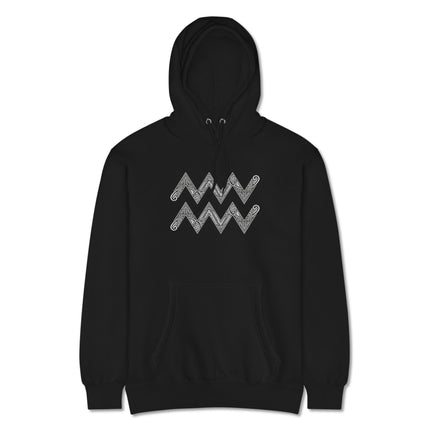 Astrology hoodie displaying the intricate tribal Aquarius zodiac symbol pattern pullover.