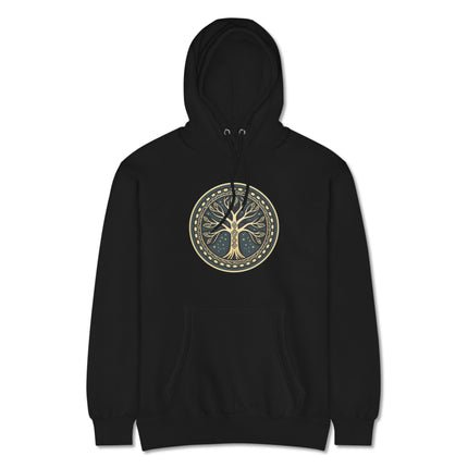 Gold and teal Yggdrasil World Tree design on a unisex pullover fleece hoodie.