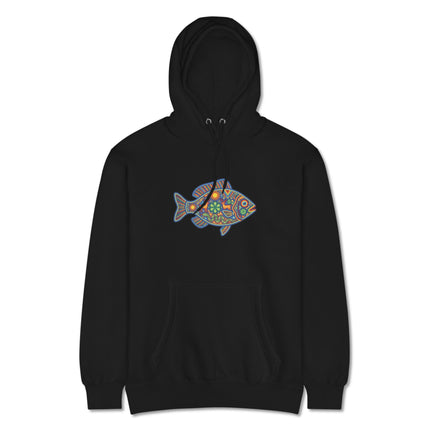 Colorful Huichol folk art hoodie featuring fish, deer, and sun motifs in vibrant Mexican style.
