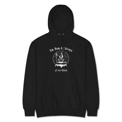 Om Namah Shivaya mantra print pullover hoodie featuring Lord Shiva meditation design.
