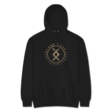Inguz Rune and Futhark Circle pattern printed on a black Norse Viking graphic pullover hoodie.