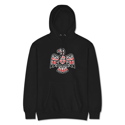 Indigenous hawk art hoodie featuring Northwest Coast tribal symbols on a fleece pullover.