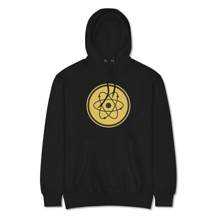 Atomic model science hoodie featuring a detailed Bohr diagram and physics geek design print.