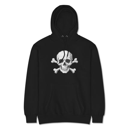 Gothic skull and crossbones graphic printed on a black hoodie featuring skeletal art.