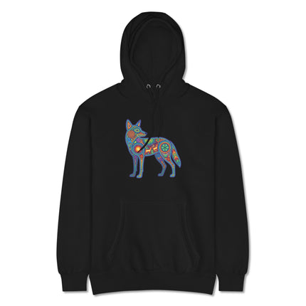 Colorful Huichol coyote artwork pullover hoodie featuring vibrant indigenous Mexican folk designs.