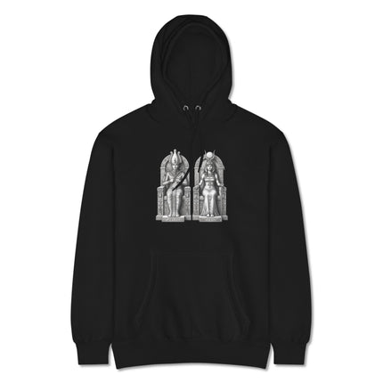 Ancient Egyptian gods Isis and Osiris printed pullover hoodie featuring mythology art.