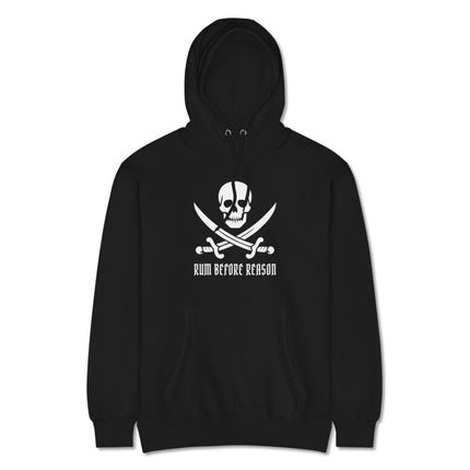 Pirate skull and crossed swords graphic on a unisex pullover sweatshirt featuring "Rum Before Reason.