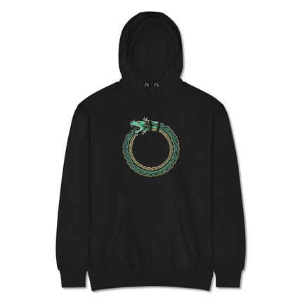 Norse Ouroboros dragon symbol hoodie featuring a Viking infinity serpent print.