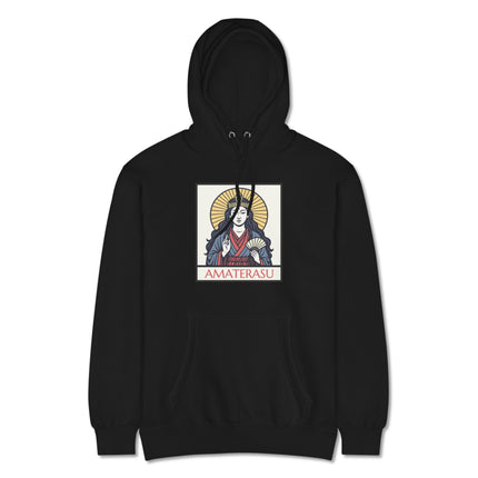 Amaterasu Japanese Sun Goddess print on a unisex pullover hoodie featuring Shinto mythology art.