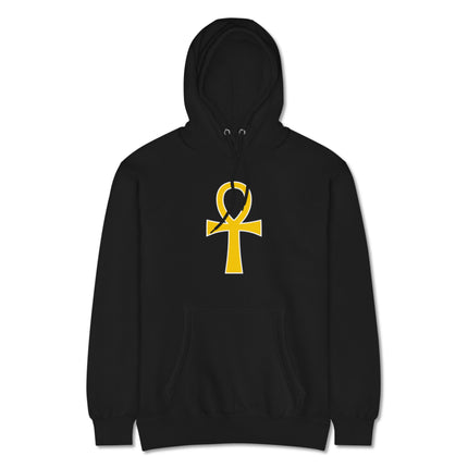 Golden Ankh graphic print on an ancient Egyptian mythological pullover hoodie.
