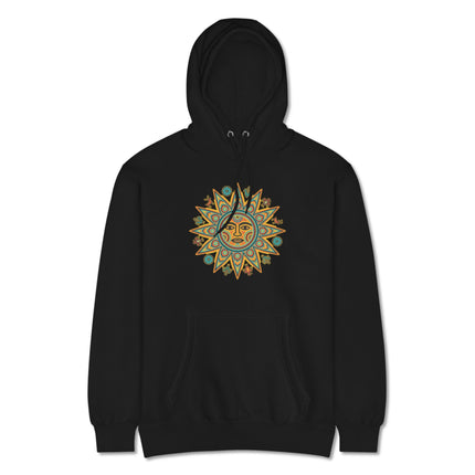 Vibrant Huichol indigenous Mexican art graphic on a colorful pullover fleece sun hoodie.