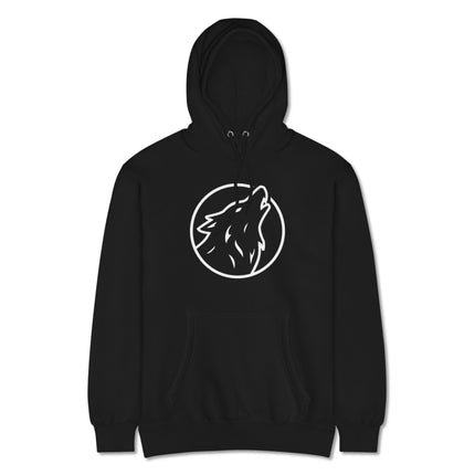 Graphic hoodie featuring a howling wolf circle graphic. Unisex pullover sweatshirt design.
