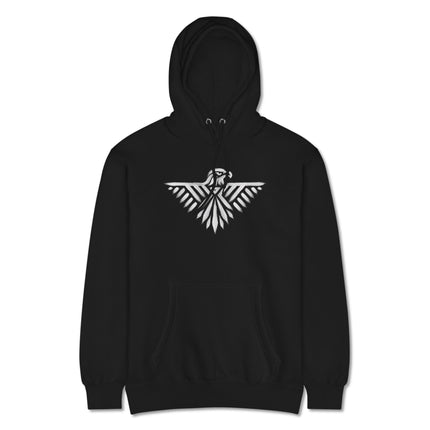 Thunderbird tribal eagle graphic print on a fleece pullover hoodie.