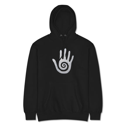 Hopi Healing Hand Spiral Symbol design on a pullover native american art hoodie.