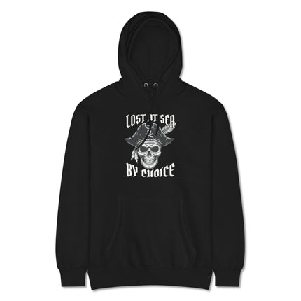 Pirate skull hoodie featuring "Lost At Sea By Choice" nautical rebel freedom graphic pullover.