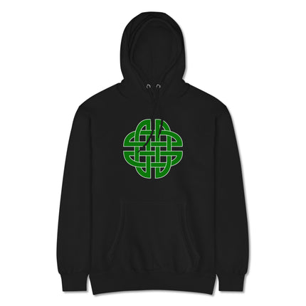 Green hoodie featuring a detailed Celtic knot graphic print on a unisex pullover sweatshirt.