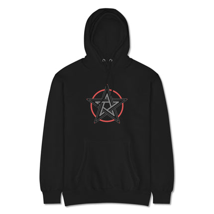 Gothic pentagram design printed on a black unisex pullover hoodie sweatshirt.